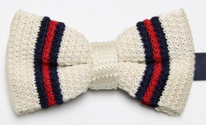 Cream Knitted Bow Tie with Navy and Red Thin Stripe