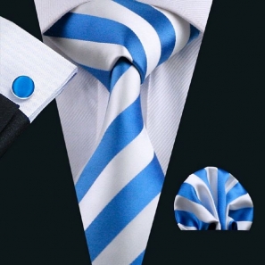 Blue and White Striped Silk Tie with Matching Pocket Square