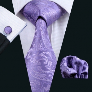 Purple Paisley Silk Tie with Matching Pocket Square and Cufflink Set