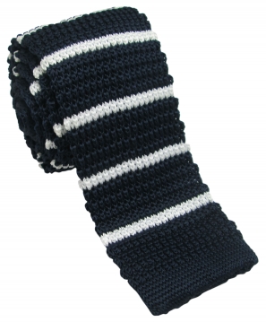 Navy Knitted Tie with White Stripes