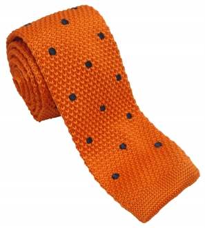 Orange Knitted Tie with Navy Polka Dots