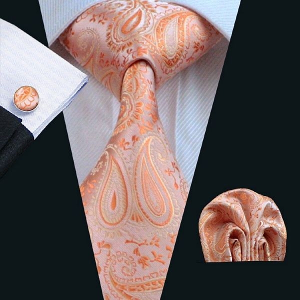 Peach Paisley Silk Tie with Matching Pocket Square and Cufflink Set ...