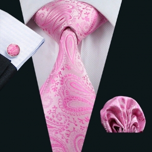 Pink Paisley Silk Tie with Matching Pocket Square and Cufflink Set