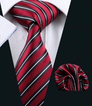 Red Silk Tie with Black and Thin White Stripes and Matching Pocket Square