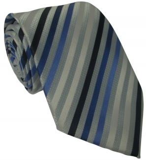 Silver Silk Tie with Blue and White Stripes