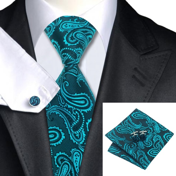 Teal Paisley Silk Tie with Matching Pocket Square and Cufflink Set ...