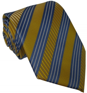 Yellow and Blue Silk Tie with Thin White Stripes