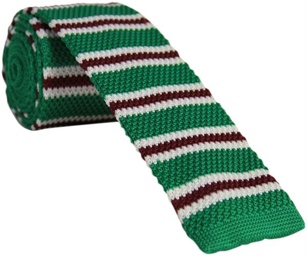 Green Knitted Tie with Thin White and Burgundy Stripes