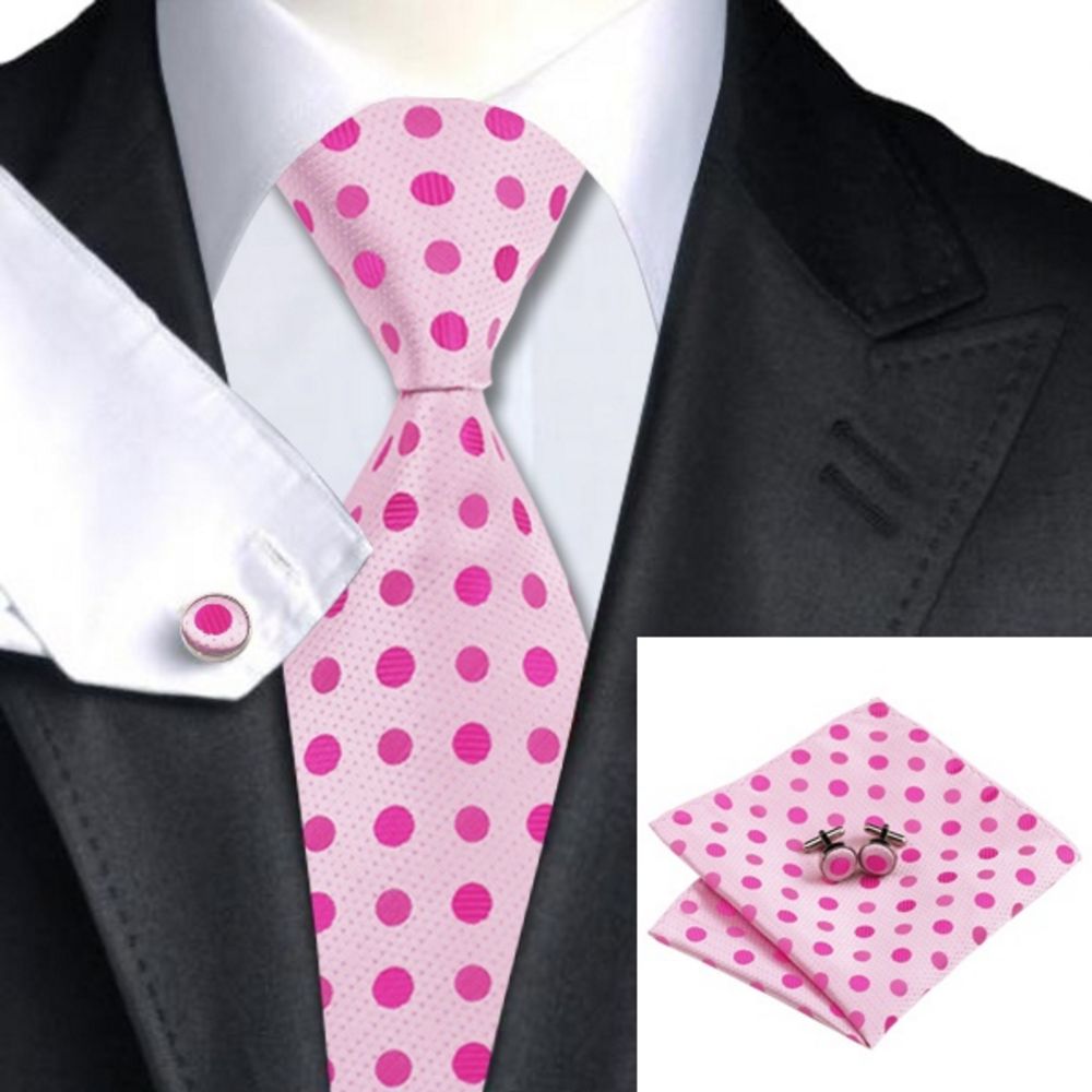 Baby Pink Silk Tie with Pink Polka Dot Matching Pocket Square and Cufflink Set