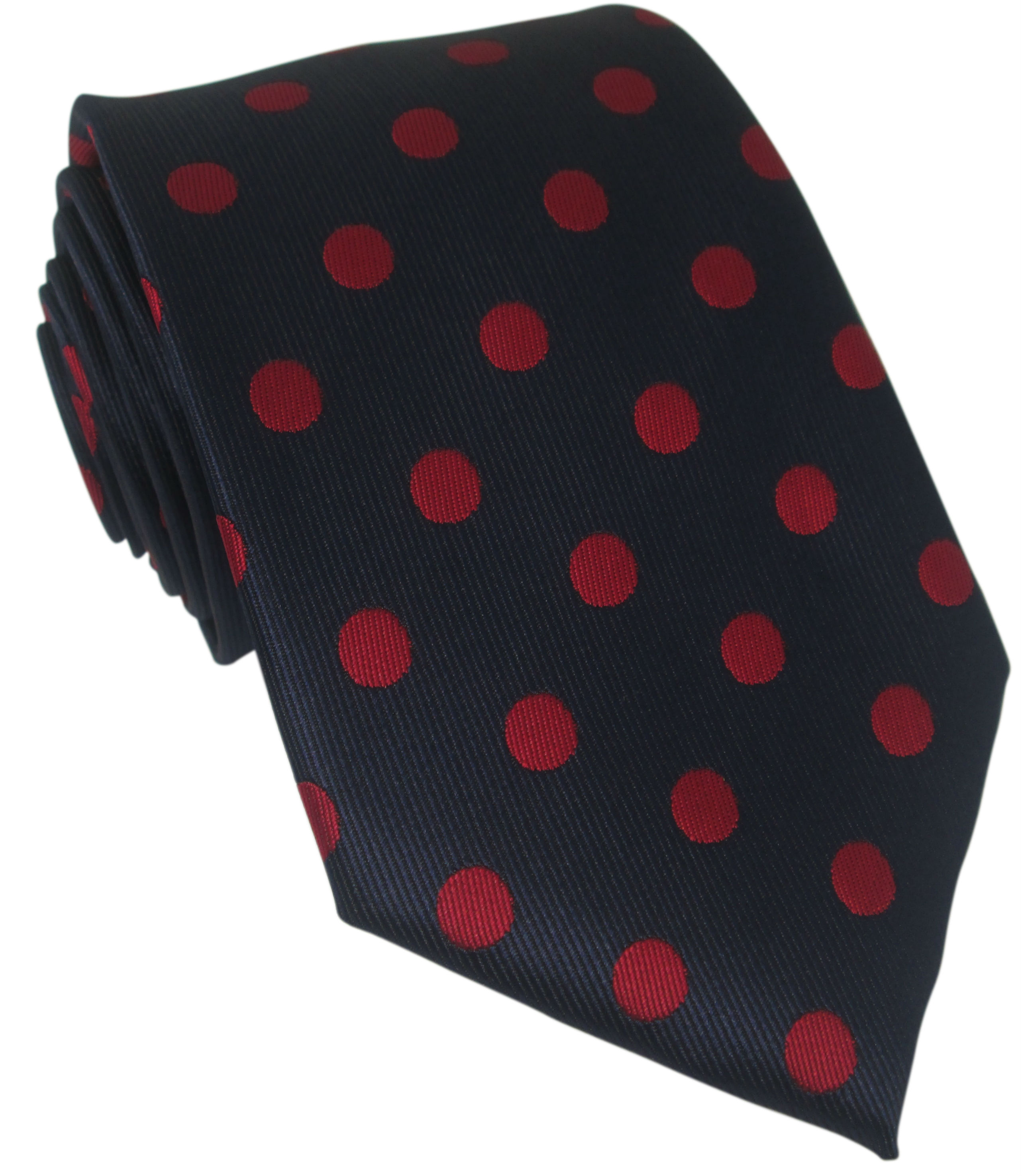 Navy Silk Tie with Large Red Polka Dot