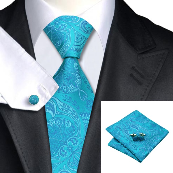 Turquoise Paisley Silk Tie with Matching Pocket Square and Cufflink Set