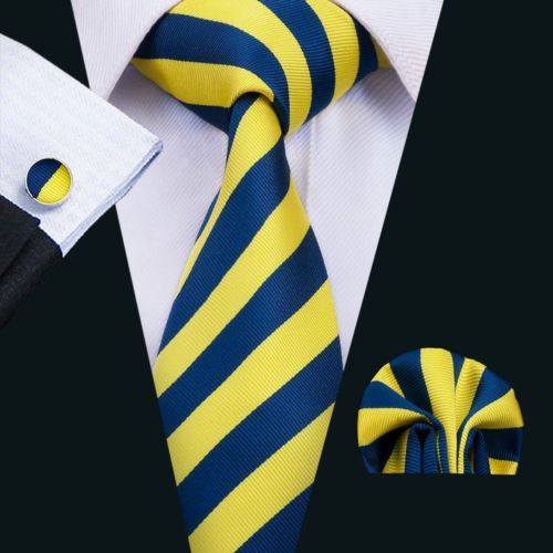 Yellow and Dark Blue Striped Silk Tie with Matching Pocket Square and Cufflink Set